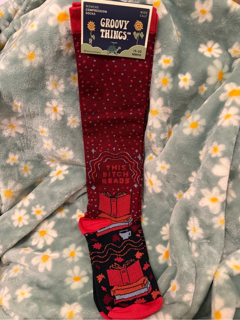 Groovy Things Red ‘This B Reads’ Wide Calf Compression Socks